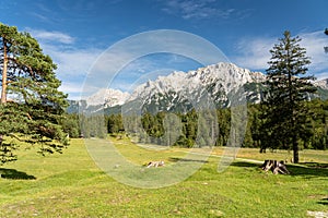 view on the karwendel mountains at the chapel of queen maria in Germany, Bayern-Bavaria, near the alpine town of Mittenwald