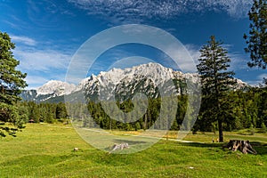 view on the karwendel mountains at the chapel of queen maria in Germany, Bayern-Bavaria, near the alpine town of Mittenwald