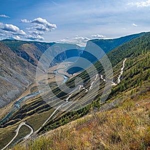 View of the Katu-Yaryk pass and Chulyshman valley with the Chulyshman river. Altai Republic, Siberia, Russia