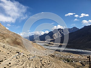 View of kaza town from tool of a hill in Spiti valley of Himachal Pradesh in india