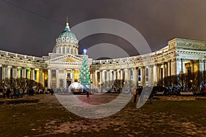 View of Kazan Cathedral and Christmas Tree at night. Saint Petersburg. Russia