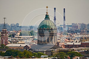 View of the Kazan Cathedral from the colonnade of St. Isaac`s Cathedral in St. Petersburg