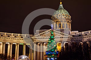 View of Kazan Cathedral and Christmas Tree at night. Saint Petersburg. Russia