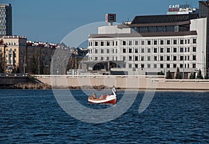 View of the Kazan with lake Nizhny Kaban and boat, Republic of Tatarstan