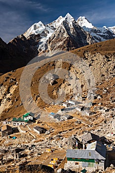View of Khare village last village before climb up to Mera peak, Everest region, Himalaya mountains range in Nepal