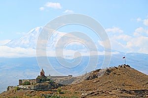 View of Khor Virap Monastery with Snow Covered Ararat Mountain in the Backdrop, Artashat, Armenia