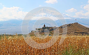 View of Khor Virap Monastery with Snow Covered Ararat Mountain in the Backdrop, Artashat, Armenia