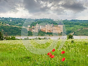 View Khotyn fortress from opposite bank of Dniester river, Ukraine