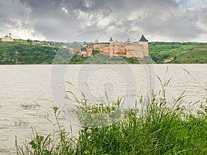 View Khotyn fortress from opposite bank of Dniester river, Ukraine