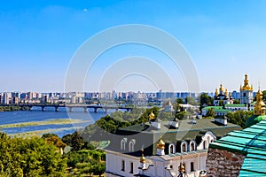 View of Kiev Pechersk Lavra (Kiev Monastery of Caves) and the Dnieper river in Ukraine