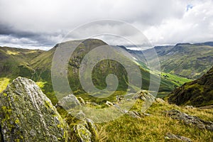 View of Kirk Fell in the English Lake District, from the top of Dore Head screes on Yewbarrow peak