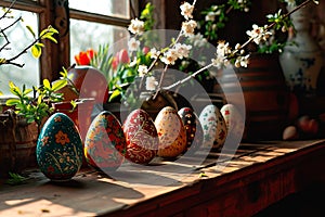 A view of the kitchen windowsill in a sunny country house.