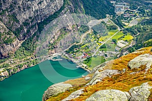 View from the Kjerag trail to Lyseboth norwegian village located at the end of Lysefjord, Forsand municipality, Rogaland county,