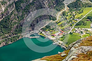 View from the Kjerag trail to Lyseboth small norwegian town located at the end of Lysefjord, Forsand municipality, Rogaland county