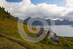 View from Knuten peak on the Segla mountain, Norway.