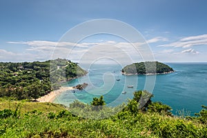 View of the Ko Man island and Yanui Beach from the Windmill Viewpoint - landmark in Phuket, Thailand