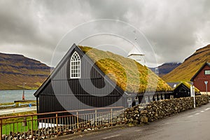 View of the Kollafjordur Church, Kirkja on Streymoy island, Faroe Islands