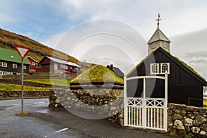 View of the Kollafjordur Church, Kirkja on Streymoy island, Faroe Islands