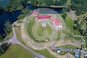 View of the Korela fortress, June afternoon aerial photography. Priozersk, Russia