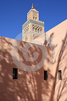 View of Koutoubia mosque with blue sky, Marrakech