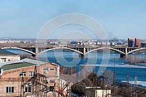 View on Krasnoyarsk and bridge over the river photo