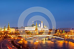 View of Kremlin during blue hour twilight sunset in Moscow, Russia. The most famous landmark in Russia