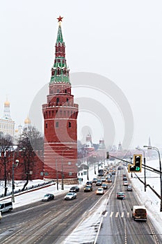 View of Kremlin Embankment in winter snowing day