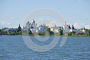 View of the Kremlin of Rostov Veliky from the Nero lake in the sunny afternoon. Golden Ring of Russia