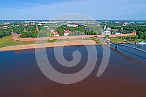 View of the Kremlin of Veliky Novgorod and the Volkhov River aerial survey. Russia