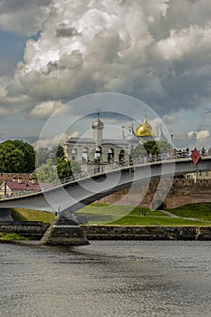 View of the Kremlin of Veliky Novgorod from the walking bridge over the Volkhov River