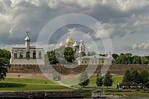 View of the Kremlin of Veliky Novgorod from the walking bridge over the Volkhov River