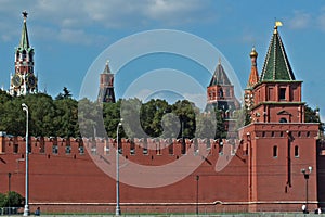 View of Kremlin wall with towers and Clock tower Moscow photo