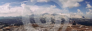 View from the Krippenstein mountain to the Dachstein mountain range and the highest mountain, the Hoher Dachstein, which is lost