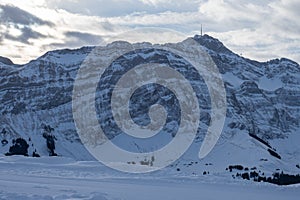 View from Kronberg to the rock wall of Saentis, a peak in Switzerland