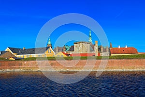 View of Kronborg Castle and Oresund strait in Helsingor Elsinore, Denmark