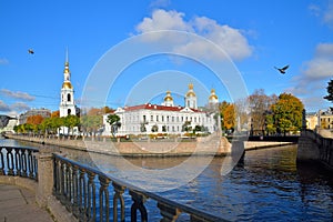 The view from the Kryukov canal quay on the Orthodox and St. Nicholas Cathedral Krasnogvardeysky bridge