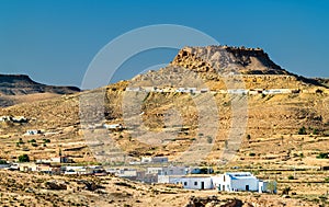 View of Ksar Beni Barka, a hilltop-located berber village at Tataouine, South Tunisia