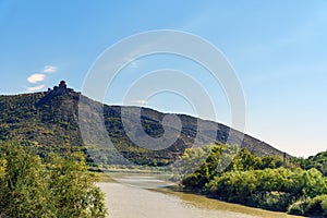 View of Kura River and Jvari Monastery in Mtskheta, Georgia