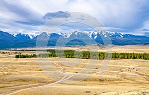 View of Kurai steppe and Altai mountains. Altai Republic, Siberia, Russia