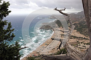 View from Kyra Panagia Tsambika Monastery. Tsambika Beach, Rhodes, Greece.