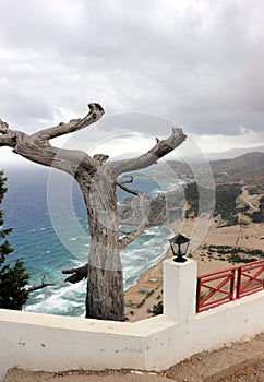 View from Kyra Panagia Tsambika Monastery. Tsambika Beach, Rhodes, Greece.