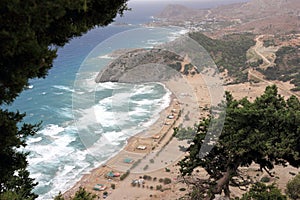 View from Kyra Panagia Tsambika Monastery. Tsambika Beach, Rhodes, Greece.