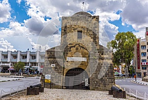 A view of the Kyrenia gate in Northern Nicosia, Cyprus with the city as a backdrop