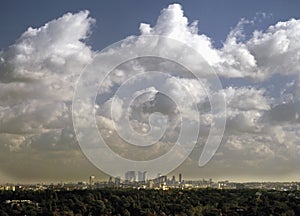 View of la defense paris from gardens of chateau. st.germain-en-laye.