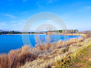 View of La Grajera reservoir in LogroÃ±o, Spain. Section of the Pilgrims` Way to Santiago de Compostela past the city of LogroÃ±o