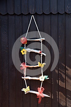 View on a ladder decorated with spring items