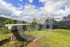 View of Lagazuoi from Cinque Torri in Dolomiti mountains