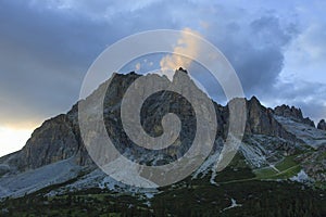 View of Lagazuoi from Passo di Falzarego in Dolomiti mountains