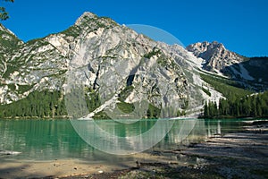 View of Lago Di Braies in the Italian mountains, Pragser Wildsee in South Tyrol