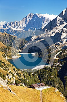 View of lago di Fedaia and mount Civetta, Dolomiti photo